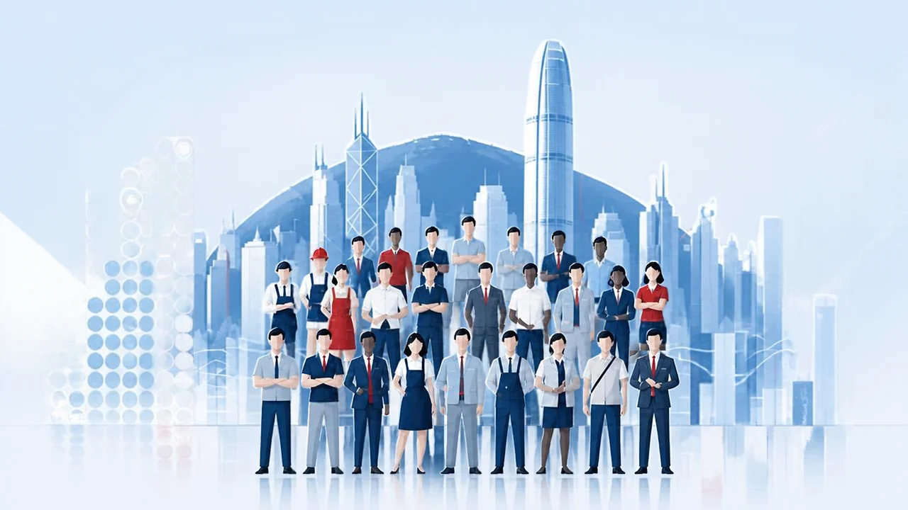 A crowd of Hong Kong workers in front of the city skyline