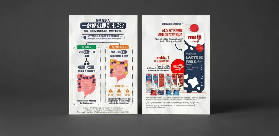 Milk = tummy trouble? — two-panel infographic explaining lactose intolerance and introducing a lactose-free milk product