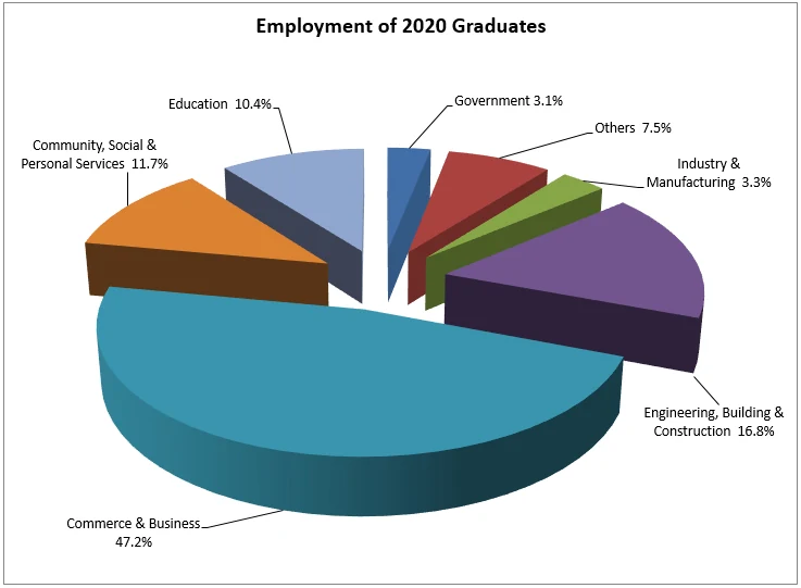 Original 3D exploded pie chart of 2020 graduate employment, with labels scattered around the edge